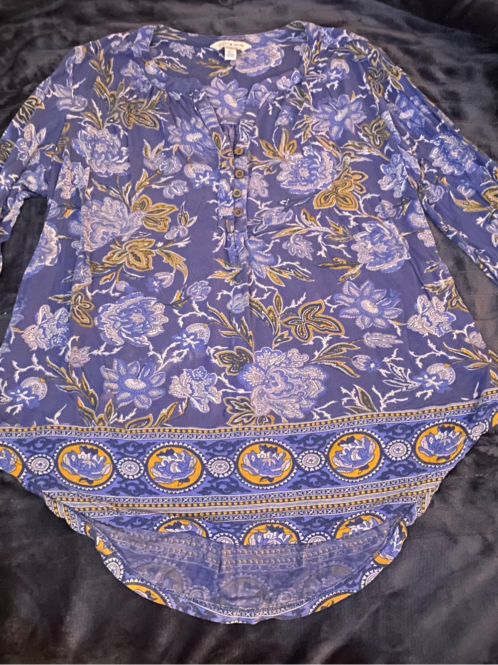 Lucky Brand Blue Floral Paisley Button-Front Tunic with Gold Accents